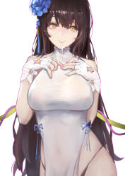 Rule 34 | 1girl, absurdres, alternate costume, alternate hairstyle, black hair, blue flower, blush, breasts, bridal gauntlets, china dress, chinese clothes, closed mouth, commentary, covered navel, dress, flower, girls&#039; frontline, gloves, hair ornament, highres, large breasts, long hair, looking at viewer, moli moqi, pelvic curtain, type 95 (girls&#039; frontline), very long hair, white dress, yellow eyes