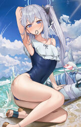 Rule 34 | 1girl, absurdres, animal, armpits, ass, bare arms, bare legs, bare shoulders, beach, bird, blue archive, blue one-piece swimsuit, cellphone, closed mouth, cloud, cloudy sky, day, frilled one-piece swimsuit, frills, grey hair, highres, innertube, kuren kren, long hair, looking at viewer, miyako (blue archive), miyako (swimsuit) (blue archive), ocean, off-shoulder one-piece swimsuit, off shoulder, official alternate costume, one-piece swimsuit, outdoors, phone, ponytail, purple eyes, sandals, seagull, sitting, sky, smartphone, solo, swim ring, swimsuit, water, wet