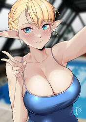 Rule 34 | 1girl, asymmetrical bangs, bare arms, bare shoulders, blonde hair, blue eyes, blue one-piece swimsuit, blurry, blurry background, blush, braid, breasts, cleavage, collarbone, damobelmont, dated, elf, elf-san wa yaserarenai., erufuda-san, eyelashes, hair between eyes, half updo, hand up, large breasts, lips, looking at viewer, one-piece swimsuit, outstretched arm, parted lips, pointy ears, pool, rei no pool, selfie, short hair, signature, single braid, smile, solo, spaghetti strap, swimsuit, teeth, upper body, v, very short hair