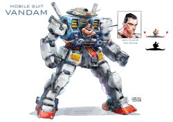 Rule 34 | 1boy, animification, barefoot, black hair, captoon, character name, crossover, english text, gundam, gymnastics, jean-claude van damme, machinery, martial arts, mecha, mobile suit, mobile suit gundam, muscular, muscular male, original, parody, pun, real life, redesign, robot, rx-78-2, science fiction, serious, signature, split, tank top, too literal