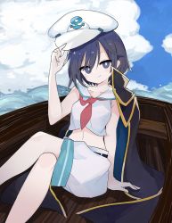 Rule 34 | 1girl, 76gpo, anchor symbol, black coat, black eyes, black hair, boat, bright pupils, closed mouth, cloud, coat, crossed legs, hand on headwear, hat, highres, looking at viewer, murasa minamitsu, navel, neckerchief, ocean, outdoors, red neckerchief, sailor hat, shirt, shorts, sitting, sleeveless, sleeveless shirt, smile, solo, sunken fossil world, touhou, watercraft, white hat, white pupils, white shorts