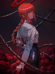 Rule 34 | 1girl, absurdres, black pants, blood, blood halo, blood on clothes, braid, braided ponytail, business suit, chain, chainsaw man, closed mouth, collared shirt, formal, high-waist pants, highres, looking at viewer, looking back, makima (chainsaw man), pants, red hair, shirt, shirt tucked in, sidelocks, single braid, skull, solo, suit, white shirt, xuuikie ashe, yellow eyes
