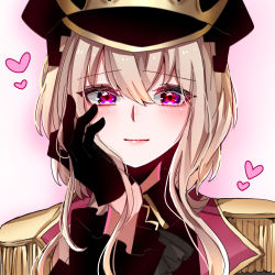 Rule 34 | 1girl, absurdres, black gloves, black headwear, blonde hair, blue oath, blush, closed mouth, gloves, hand on head, hat, heart, heart print, highres, huge filesize, iwashi (wasii 91), long hair, looking at viewer, pink background, prinz eugen (blue oath), purple eyes, solo focus, uniform