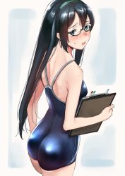 Rule 34 | 1girl, ass, black hair, blue eyes, blush, breasts, clipboard, competition school swimsuit, glasses, hairband, head tilt, holding, kantai collection, long hair, nose blush, one-piece swimsuit, ooyodo (kancolle), school swimsuit, semi-rimless eyewear, shiden (sashimi no wife), simple background, solo, sweat, swimsuit, under-rim eyewear