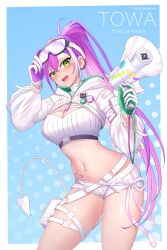 Rule 34 | 1girl, adjusting eyewear, bandeau, belt, blush, breasts, bu li, buckle, character name, cleavage, colored inner hair, contrapposto, demon tail, gloves, goggles, goggles on head, green eyes, green gloves, highres, hip tattoo, holding, holding megaphone, hololive, hooded shrug, large breasts, leaning forward, long hair, long sleeves, looking at viewer, megaphone, melting tail, micro shorts, midriff, multicolored hair, navel, navel piercing, open mouth, piercing, pink hair, pouch, purple gloves, purple hair, ribbed bandeau, ribbon, see-through, see-through sleeves, shorts, smile, snap-fit buckle, solo, stomach, tail, thigh belt, thigh pouch, thigh strap, thighs, tokoyami towa, tokoyami towa (5th costume), two-sided gloves, very long hair, virtual youtuber, white bandeau, white gloves, white ribbon, white shorts, white shrug, white tail, winged heart tattoo, zipper pull tab