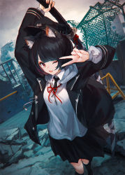 Rule 34 | 1girl, ;d, animal ear fluff, animal ears, arm up, black hair, black hat, black jacket, black necktie, black skirt, black socks, collared shirt, commentary request, dutch angle, hand up, hat, highres, holding, holding sword, holding weapon, hood, hoodie, jacket, kneehighs, long sleeves, looking at viewer, makihitsuji, necktie, one eye closed, open clothes, open jacket, open mouth, original, outdoors, red eyes, red ribbon, ribbon, rubble, sheath, sheathed, shirt, short hair, skirt, smile, socks, solo, standing, sword, v, weapon, white hoodie, white shirt