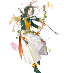 Rule 34 | 1boy, animal ears, bow (weapon), damaged, fake animal ears, fire emblem, fire emblem: three houses, fire emblem heroes, gloves, green footwear, green hair, hair tie, highres, holding, holding bow (weapon), holding weapon, linhardt von hevring, linhardt von hevring (spring), long hair, male focus, nintendo, non-web source, one eye closed, ponytail, rabbit ears, solo, torn clothes, weapon, white gloves