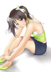 Rule 34 | 10s, 1girl, bare shoulders, bikini, bikini top only, black hair, black skirt, blouse, bow, bra, feet, from side, full body, green bow, green footwear, green shirt, grin, hair bow, halterneck, looking at viewer, love live!, love live! school idol project, miniskirt, muffin (sirumeria), red eyes, shirt, shoes, short hair, sitting, skirt, smile, solo, swimsuit, twintails, underwear, white bikini, white bow, white bra, yazawa nico
