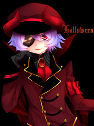 Rule 34 | 1girl, armband, ascot, bad id, bad pixiv id, black background, english text, eyepatch, female focus, gem, gloves, halloween, hat, highres, looking at viewer, open mouth, peaked cap, purple hair, red eyes, remilia scarlet, short hair, simple background, smile, solo, touhou, uniform, yutazou