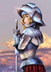 Rule 34 | 1girl, armor, blonde hair, blue eyes, breastplate, castle, chainmail, cloud, cloudy sky, commentary request, full armor, hands on hilt, helmet, highres, holding, holding sword, holding weapon, knight, kobu ride, medieval, original, plate armor, reflection, sky, sword, weapon
