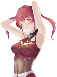 Rule 34 | 1girl, armpits, arms behind head, arms up, ascot, bare shoulders, blush, breasts, commentary request, cowboy shot, cropped jacket, hair ribbon, heterochromia, highres, hololive, houshou marine, jacket, large breasts, leotard, leotard under clothes, long hair, looking at viewer, midriff, nau umi, navel, red ascot, red eyes, red hair, red jacket, red ribbon, ribbon, see-through, see-through midriff, simple background, sleeveless, sleeveless jacket, smile, solo, stomach, twintails, upper body, virtual youtuber, white background, yellow eyes