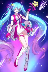 Rule 34 | 1girl, :d, absurdres, belt, blue background, blue hair, blue necktie, dress, full body, future eve (vocaloid), gloves, gradient hair, hair ornament, hair ribbon, hatsune miku, headset, heart, highres, holding, long hair, looking at viewer, microphone, multicolored background, multicolored hair, necktie, one eye closed, open mouth, panties, panty peek, pink background, pink dress, pink footwear, pink gloves, pink hair, pink necktie, planet, purple background, ribbon, rocket ship, smile, solo, spacecraft, star (symbol), star hair ornament, striped clothes, teeth, tongue, tongue out, umuloctober, underwear, upper teeth only, vertical-striped clothes, vertical-striped necktie, very long hair, vocaloid, white belt, white dress, white footwear, white panties