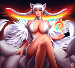 Rule 34 | 10s, 1girl, ahri (league of legends), animal ears, breasts, center opening, cleavage, dress, facial mark, floating hair, fox ears, fox tail, fusion, gorget, invisible chair, kill la kill, kiryuuin ragyou, large breasts, laura post, league of legends, crossed legs, multicolored hair, multiple tails, nail polish, rainbow hair, sitting, solo, svoidist, tail, voice actor connection, whisker markings, white dress