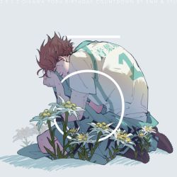 Rule 34 | 1boy, 2022, aoba johsai volleyball uniform, aqua shorts, brown eyes, brown footwear, brown hair, character name, collared shirt, dated, edelweiss (flower), flower, full body, haikyuu!!, holding, holding clothes, holding jacket, jacket, kneeling, male focus, oikawa tooru (haikyuu!!), shirt, shoes, short hair, short sleeves, shorts, solo, sportswear, syurei, volleyball uniform, white shirt