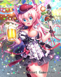 Rule 34 | 1girl, :d, alcohol, bare shoulders, beer, beer mug, black ribbon, blue eyes, bouncing breasts, breasts, churrasco, confetti, cup, dress, falkyrie no monshou, festival, frilled dress, frills, glasses, hat, large breasts, long hair, muffin (falkyrie no monshou), mug, official art, open mouth, pink hair, pink headwear, pink ribbon, ribbon, smile, thighs