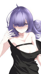 Rule 34 | 1girl, absurdres, azur lane, black shirt, breast strap, breasts, cleavage, closed mouth, collarbone, eyes visible through hair, hair over one eye, hand up, highres, huge breasts, long hair, looking at viewer, mogador (azur lane), noshibukuro, purple eyes, purple hair, shirt, simple background, sketch, solo, torn clothes, torn shirt, white background