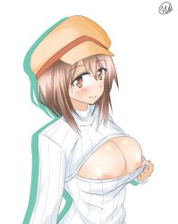 Rule 34 | 1girl, areola slip, blush, breasts, brown eyes, brown hair, cabbie hat, cleavage, cleavage cutout, cleavage reach, clothes pull, clothing cutout, flashing, hat, large breasts, meme attire, nipple slip, nipples, no bra, okita riona, open-chest sweater, pulled by self, puzzle &amp; dragons, ribbed sweater, short hair, solo, sweater, turtleneck, vio (ryuutei)
