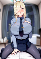 Rule 34 | 1boy, 1girl, absurdres, black pantyhose, blonde hair, blue archive, blue eyes, blush, bralines, breasts, commentary request, cowgirl position, hair over one eye, halo, hetero, highres, jakko, kanna (blue archive), large breasts, long hair, looking at viewer, necktie, open mouth, pantyhose, pencil skirt, pov, see-through, sensei (blue archive), sharp teeth, skirt, straddling, sweat, teeth, tie clip