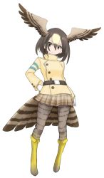 Rule 34 | 10s, 1girl, arm at side, belt, bird tail, black hair, blonde hair, boots, frown, full body, gloves, hair between eyes, hand on own hip, head tilt, head wings, ise (0425), jacket, kemono friends, knee boots, looking at viewer, medium hair, multicolored hair, northern goshawk (kemono friends), pantyhose, pleated skirt, print pantyhose, print skirt, simple background, skirt, solo, spread wings, standing, tail, white background, white gloves, wings, yellow eyes, yellow footwear, yellow jacket