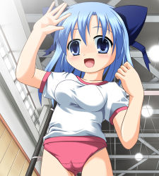 1girl blue_eyes blue_hair bow buruma cameltoe female_focus gym_uniform hair_bow kanna_hisashi lowres matching_hair/eyes open_mouth original solo