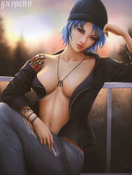 Rule 34 | 1girl, arm tattoo, artist name, beanie, black hat, black hoodie, blue eyes, blue hair, blue pants, bracelet, breasts, chloe price, cigarette, cleavage, denim, hat, holding, holding cigarette, hood, hoodie, jeans, jewelry, life is strange, looking at viewer, medium breasts, navel, necklace, open clothes, open hoodie, outdoors, pants, short hair, shoulder tattoo, sitting, solo, tattoo, yupachu