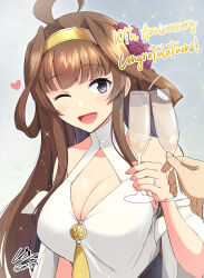 Rule 34 | 1girl, 1other, ahoge, anniversary, blush, breasts, brown hair, cleavage, cocktail, cocktail glass, collarbone, cup, dress, drinking glass, flower, grey eyes, hair flower, hair ornament, hairband, heart, highres, holding, holding cup, jewelry, kantai collection, kongou (kancolle), large breasts, long hair, one eye closed, open mouth, purple flower, ring, shigure ryuunosuke, signature, smile, twitter username, upper body, wedding ring, white dress