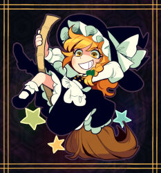 Rule 34 | 1girl, apron, arm up, bamboo broom, black footwear, black hat, black skirt, black vest, blonde hair, bobby socks, bow, braid, broom, broom riding, commentary, dark background, english commentary, frilled apron, frills, full body, hat, hat bow, hat ribbon, kirisame marisa, large hat, long hair, long sleeves, looking at viewer, luckyblackcatxiii, mary janes, open mouth, puffy long sleeves, puffy sleeves, ribbon, shirt, shoes, single braid, skirt, sleeves past fingers, sleeves past wrists, socks, solo, star (symbol), teeth, touhou, vest, waist apron, white apron, white bow, white ribbon, white shirt, white socks, witch hat, yellow eyes