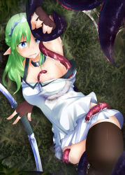 Rule 34 | 1girl, player character (mabinogi), blue eyes, blush, breasts, choker, elf, green hair, highres, large breasts, long hair, mabinogi, pointy ears, tentacles, tentacles under clothes, thighhighs, vellark, weapon