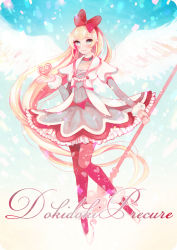 Rule 34 | 1girl, angel wings, blonde hair, blush, choker, copyright name, dokidoki! precure, dress, english text, hair ornament, hair ribbon, happy, heart, jacket, long hair, looking at viewer, pantyhose, polearm, precure, red ribbon, regina (dokidoki! precure), ribbon, smile, solo, spear, weapon, alternate universe, wings, yunoto (conceit)