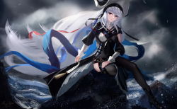 Rule 34 | arknights, asymmetrical clothes, black dress, black headwear, black legwear, blue nails, breasts, closed mouth, cloud, cloudy sky, covered navel, day, dress, floating hair, frilled dress, frills, grey hair, highres, long hair, long sleeves, looking at viewer, medium breasts, meginalter, nail polish, ocean, outdoors, pelvic curtain, puffy long sleeves, puffy sleeves, red eyes, rock, shoulder strap, sitting, sky, smile, specter (arknights), specter the unchained (arknights), tassel, thighhighs, very long hair, water, wind