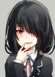 Rule 34 | 10s, black hair, blush, date a live, fingers to chin, grey background, hair over one eye, hand on own chin, keita (tundereyuina), licking lips, red eyes, solo, tokisaki kurumi, tongue, tongue out