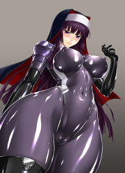 Rule 34 | 1girl, angry, blunt bangs, blush, bodysuit, breasts, cameltoe, covered erect nipples, covered navel, elbow gloves, gloves, habit, impossible bodysuit, impossible clothes, kamori sayaka, large breasts, latex, latex gloves, latex suit, lips, long hair, looking at viewer, nun, original, purple eyes, purple hair, rindou (radical dream), shiny clothes, simple background, skin tight, solo, thighhighs, thighs