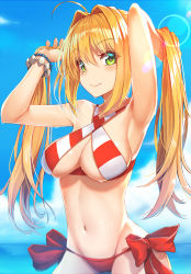 Rule 34 | 1girl, ahoge, armpits, bead bracelet, beads, bikini, blonde hair, blue sky, bracelet, breasts, closed mouth, cloud, day, fate/grand order, fate (series), green eyes, hair intakes, halterneck, highres, jewelry, long hair, looking at viewer, medium breasts, mhong, navel, nero claudius (fate), nero claudius (fate) (all), nero claudius (swimsuit caster) (fate), ocean, red bikini, sky, smile, solo, standing, striped bikini, striped clothes, swimsuit, twintails, wet