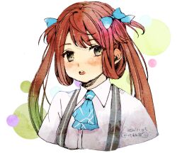 Rule 34 | 1girl, asagumo (kancolle), ascot, black eyes, blue ascot, blue bow, bow, commentary request, cropped torso, dated, hair bow, hair rings, highres, ichigo6480, kantai collection, long hair, one-hour drawing challenge, red hair, school uniform, solo, suspenders, twintails, twitter username, upper body