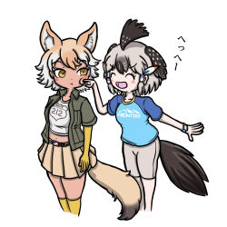 Rule 34 | 2girls, :d, :t, ^ ^, animal ear fluff, animal ears, aomushi taro, arms at sides, belt, bike shorts, bird tail, bird wings, black hair, blush stickers, brown hair, cheek poking, closed eyes, closed mouth, collarbone, collared shirt, coyote (kemono friends), cropped legs, elbow gloves, facing another, gloves, grey hair, hair tubes, hand up, head wings, kemono friends, looking at another, medium hair, midriff, miniskirt, multicolored hair, multiple girls, navel, open clothes, open mouth, open shirt, outstretched arm, outstretched hand, pale skin, pleated skirt, poking, shirt, short sleeves, sidelocks, simple background, skirt, smile, standing, stomach, t-shirt, tail, tan, two-tone hair, undershirt, white background, white hair, wing collar, wings, wolf ears, wolf tail, yellow eyes, |d