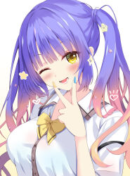 Rule 34 | 1girl, ;d, absurdres, blonde hair, blue hair, blue nails, blunt bangs, blush, bow, breasts, commentary request, eyelashes, eyes visible through hair, fingernails, flower, gradient hair, gyaru, hair flower, hair ornament, hand up, happy, heart, heart in eye, highres, kogal, kohibari kurumi, large breasts, lips, long fingernails, long hair, looking at viewer, lower teeth only, multicolored hair, nail polish, one eye closed, open mouth, pink flower, pink hair, purunyara, school uniform, shirt, short sleeves, sidelocks, simple background, smile, solo, sparkle, star (symbol), symbol in eye, teeth, tenshi souzou re-boot!, twintails, upper body, v, v over mouth, wavy hair, white background, white shirt, yellow bow, yellow eyes, yellow nails