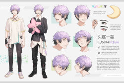 Rule 34 | 1boy, artist name, black eyes, black footwear, black hair, black pants, black shirt, blush, character sheet, color guide, driftwoodwolf, earrings, english text, expressions, eye contact, grey pants, highres, holding, holding pillow, jewelry, looking at another, looking at viewer, male focus, multicolored footwear, multicolored hair, multiple views, original, pants, pillow, purple hair, red eyes, shirt, star (symbol), star earrings, star-shaped pillow, stud earrings, teeth, white shirt