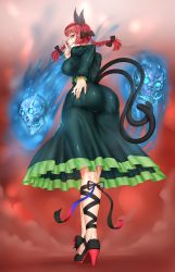 Rule 34 | 1girl, absurdres, animal ears, ass, bow, braid, breasts, cat ears, cat tail, dress, from below, full body, green dress, highres, kaenbyou rin, large breasts, leg ribbon, multiple tails, nekomata, red eyes, red hair, ribbon, solo, tail, toetekenxal, touhou, twin braids, two tails