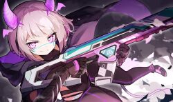 Rule 34 | 1girl, black bodysuit, bob cut, bodysuit, breasts, cape, closed mouth, clothing cutout, covered navel, detached horns, gradient hair, groin, gun, hair intakes, highres, hip vent, holding, holding gun, holding weapon, holographic horns, huge breasts, indie virtual youtuber, looking at viewer, medium hair, motherv3, multicolored eyes, multicolored hair, neon trim, pink horns, purple cape, solo, suginakara (user ehfp8355), tail, tail through clothes, two-tone eyes, virtual youtuber, weapon