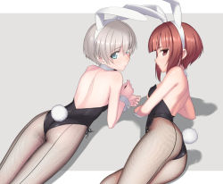 Rule 34 | 2girls, alternate costume, animal ears, ass, back, back-seamed legwear, bad id, bad pixiv id, bare arms, bare shoulders, black leotard, black ribbon, blue eyes, blunt bangs, blush, fake animal ears, fake tail, fishnet pantyhose, fishnets, flat chest, from behind, grey background, kantai collection, leotard, looking at viewer, looking back, lying, multiple girls, on side, on stomach, open mouth, pantyhose, playboy bunny, profile, rabbit ears, rabbit tail, red eyes, red hair, ribbon, sanhon, seamed legwear, shadow, short hair, side-tie leotard, silver hair, simple background, strapless, strapless leotard, tail, tareme, wrist cuffs, z1 leberecht maass (kancolle), z3 max schultz (kancolle)