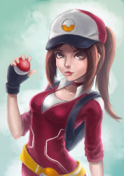 Rule 34 | 1girl, alternate eye color, baseball cap, belt, black gloves, breasts, brown eyes, brown hair, choker, closed mouth, contrapposto, creatures (company), female protagonist (pokemon go), fingerless gloves, game freak, gloves, hat, holding, holding poke ball, jun roar, lips, long hair, looking at viewer, matching hair/eyes, nintendo, nose, poke ball, poke ball (basic), poke ball print, pokemon, pokemon go, ponytail, red choker, small breasts, solo, standing