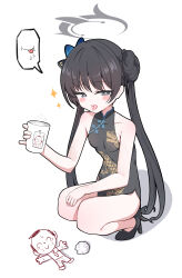 1boy 1girl absurdres bare_shoulders black_dress black_footwear black_hair blue_archive blush breasts butterfly_hair_ornament china_dress chinese_clothes collarbone commentary_request covered_erect_nipples cum cum_in_container cum_in_cup cum_in_mouth cum_on_tongue cup doodle_sensei_(blue_archive) dragon_print dress grey_eyes grey_halo gro_(lee145879) hair_bun hair_ornament halo high_heels highres holding holding_cup kisaki_(blue_archive) long_hair looking_at_viewer napkin open_mouth print_dress sensei_(blue_archive) simple_background sleeveless sleeveless_dress small_breasts solo_focus squatting tongue tongue_out twintails very_long_hair white_background