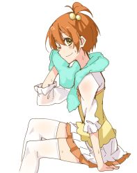 Rule 34 | 1girl, blush, closed mouth, frilled skirt, frills, hoshizora rin, looking at viewer, love live!, love live! school idol project, one eye closed, one side up, orange hair, short hair, simple background, sitting, skirt, sleeves past elbows, smile, solo, sweat, thighhighs, towel, ushiki yoshitaka, white background, white skirt, white thighhighs, yellow eyes, zettai ryouiki