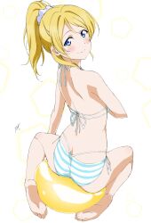 Rule 34 | 1girl, ass, ayase eli, bikini, blonde hair, blue eyes, blush, from behind, highres, long hair, looking at viewer, looking back, love live!, love live! school idol project, nagi mkrnpn, ponytail, signature, smile, solo, string bikini, striped bikini, striped clothes, swimsuit, white background, white bikini