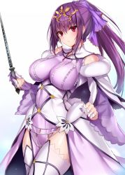 Rule 34 | 1girl, bare shoulders, blue gk, bow, breasts, closed mouth, cowboy shot, dress, expressionless, fate/grand order, fate (series), fur trim, hair bow, headpiece, highres, holding, holding wand, impossible clothes, large breasts, long hair, looking at viewer, pink eyes, ponytail, purple bow, purple dress, purple hair, scathach (fate), scathach skadi (fate), scathach skadi (third ascension) (fate), simple background, solo, standing, thighhighs, wand, white background, white thighhighs, zettai ryouiki