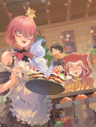 Rule 34 | + +, 1boy, 2girls, :o, absurdres, apron, bell, black-framed eyewear, black dress, black hair, bow, bowtie, cake, christmas, christmas tree, chromatic aberration, closed eyes, collar, commentary, creature, dress, fate/grand order, fate (series), food, fou (fate), fujimaru ritsuka (male), fujimaru ritsuka (male) (true ether chaldea uniform), gift, glasses, highres, hood, hood up, indoors, mash kyrielight, medusa (fate), medusa (lancer) (fate), medusa (rider) (fate), multiple girls, neck bell, official alternate costume, open mouth, pink hair, psi (583278318), purple eyes, red bow, red neckwear, rider, scarf, short hair, sweater, white apron
