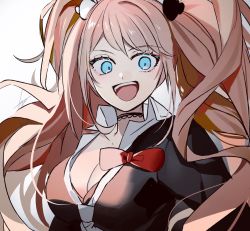 Rule 34 | 1girl, :d, bear hair ornament, black choker, black shirt, blue eyes, bow, breasts, choker, collared shirt, danganronpa: trigger happy havoc, danganronpa (series), enoshima junko, hair ornament, highres, huyuharu0214, large breasts, long hair, looking at viewer, messy hair, necktie, open mouth, red bow, shirt, signature, simple background, smile, solo, teeth, twintails, upper body, upper teeth only, white background, white necktie