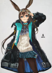 Rule 34 | 1girl, absurdres, amiya (arknights), animal ears, arknights, ascot, black jacket, blue eyes, blue skirt, brown hair, brown pantyhose, character name, choker, coat, commentary, english commentary, english text, eyelashes, eyeshadow, flat chest, frilled ascot, frills, green choker, hand in pocket, highres, hood, hood down, hooded jacket, jacket, jewelry, long coat, long hair, makeup, monori rogue, multiple rings, open clothes, open coat, open jacket, pantyhose, petite, plaid, plaid skirt, rabbit ears, ribbed sweater, ring, salute, sidelocks, skirt, solo, sweater