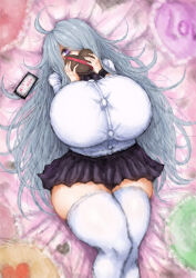 Rule 34 | 1girl, 2b-ge, ahoge, bed, black skirt, breasts, candy, chocolate, cowboy shot, female focus, food, gigantic breasts, grey hair, hair over one eye, heart chocolates, highres, holding, holding chocolate, holding food, japanese text, legs, long hair, looking at viewer, lying, mei (2b-ge), on bed, original, pillow, pink background, shirt, skindentation, skirt, solo, taut clothes, taut shirt, thick thighs, thighhighs, thighs, valentine, w arms, white shirt, white thighhighs, zettai ryouiki