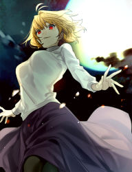 Rule 34 | 1girl, arcueid brunestud, blonde hair, cloud, from below, full moon, hagiwara daisuke, long sleeves, looking at viewer, moon, night, night sky, outdoors, parted lips, purple skirt, red eyes, shirt, short hair, skirt, sky, smile, solo, standing, tsukihime, white shirt